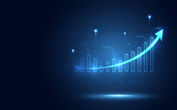 Futuristic Raise Arrow Chart Digital Transformation Abstract Technology Background. Big Data And Business Growth Currency Stock And Investment Economy. Vector Illustration