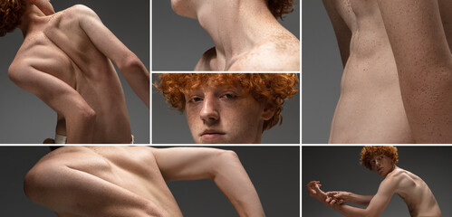 Body aesthetics. Collage of different body parts of young redhead guy with freckles posing over...