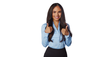 Thumbs up, portrait and woman employee isolated on transparent, png background for success, support or like. Happy winner, professional or business biracial person in yes, ok emoji or thank you hands