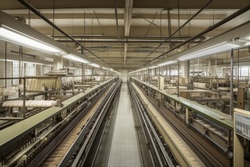 Obraz na płótnie Canvas textile factory, with rows of machines and workers producing fabric, created with generative ai
