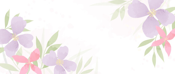 Botanical flower art background vector. Watercolor hand drawn flowers, leaves, plants and grass. Blooming design illustration for wallpapers, banners, prints, posters, covers.