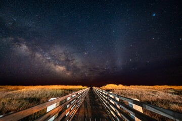 Wooden bridge illuminated by moonlight and starry night across a meadow, creating a tranquil pathway