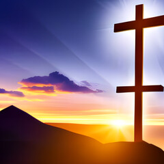 Two cross on a hill with sun light,promise of resurrection,hope,holy cross symbolizing the suffering,death and resurrection of Jesus Christ. Concept for religion,Saint friday,Easter,Jesus rise 