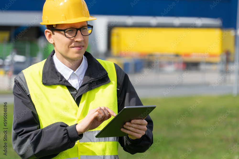 Aufkleber Logistician with digital tablet on a background of logistic center
