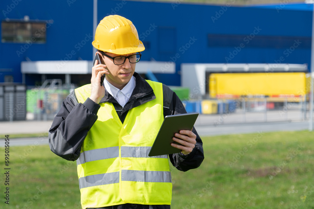 Aufkleber Engineer with phone and digital tablet on a background of logistic center