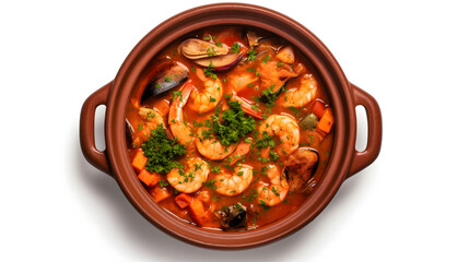 shrimp moqueca made in clay pot, isolated, white background, generated by ai