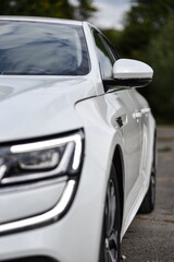 Vertical closeup detail of a white automobile parked in a green setting
