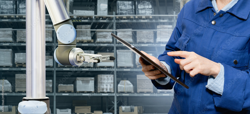 Poster Warehouse manager with digital tablet controls robot arm	