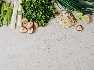 Cooking ingredients for Asian dishes on gray concrete background