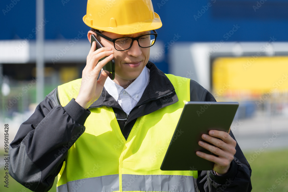 Poster Logistician with phone and digital tablet on a background of logistic center