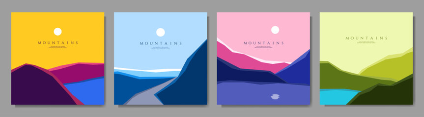 Vector illustration. Minimalistic geometric landscapes collection. Mid century modern graphic. Hills by the lake, a road in the mountains, sunset. Design elements for social media banner, web template