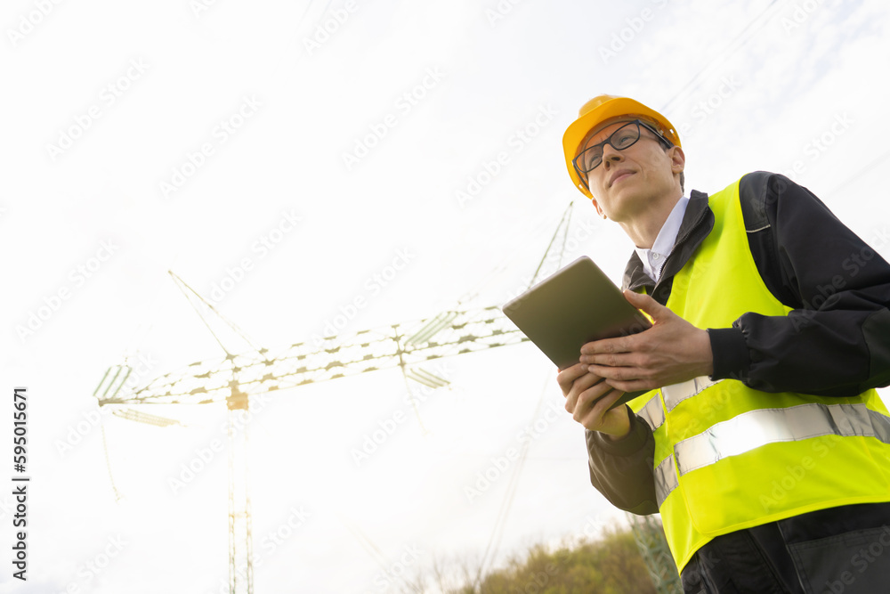 Poster Engineer with digital tablet on a background of power line tower