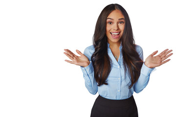 Business woman, excited and surprise portrait with a smile, corporate or professional outfit....
