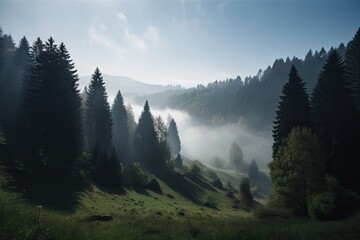 black forest landscape with towering trees and mist in the air, created with generative ai - obrazy, fototapety, plakaty