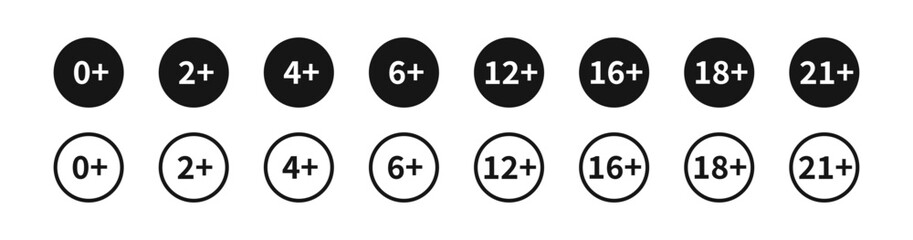 18 plus content icon. Age restriction symbol. Only over 0, 2, 4, 6, 12, 16, eighteen, 21 warning signs. Old symbols. Limit icons. Black color. Vector sign.