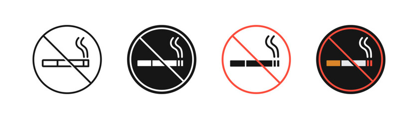 No smoke  icon. Stop smoking symbol. Forbidden cigarette signs. Ban tobacco symbols. Prohibit nicotine icons. Black, red, flat color. Vector sign. - obrazy, fototapety, plakaty