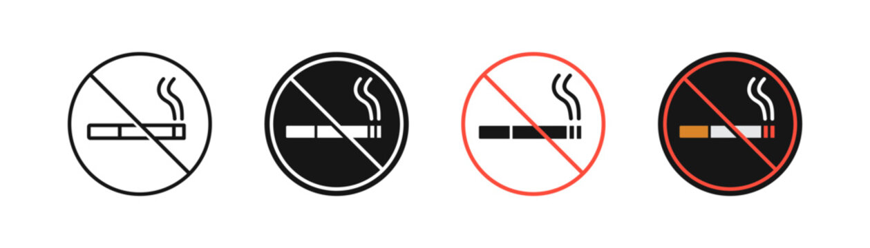 No smoke  icon. Stop smoking symbol. Forbidden cigarette signs. Ban tobacco symbols. Prohibit nicotine icons. Black, red, flat color. Vector sign.