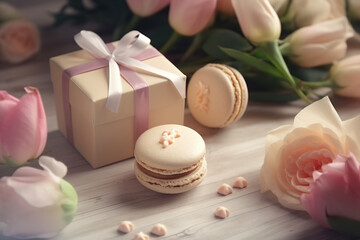 Fototapeta na wymiar Happy Mother's Day gift concept with flowers, gift box, card, and macarons on white wooden background, Generative AI