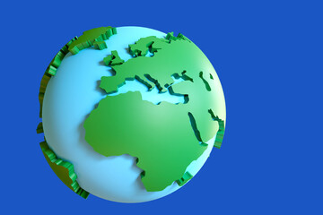 Geographic globe. Planet earth. Volumetric map of world. Globe isolated on blue. Planet earth with green continents. Globe for study of geography. World map. Cartoon style. 3d image