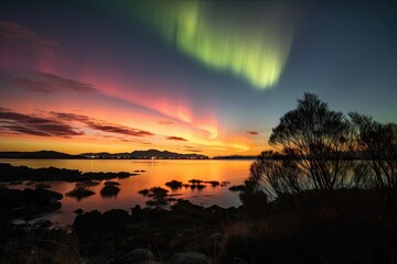 Fototapeta na wymiar sunrise with aurora borealis and australis in the background, created with generative ai