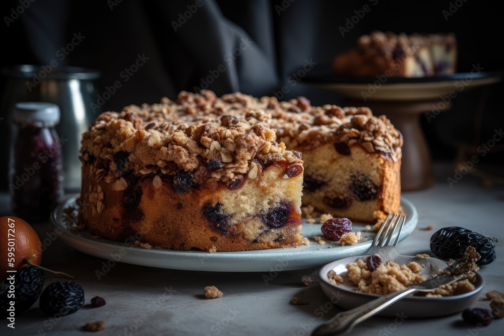 Wall mural decadent fruit cake with layers of rich, creamy filling and crunchy crumble topping, created with generative ai