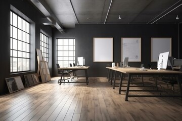 Fototapeta na wymiar Open space office interior with like conference room. Mockup. 3D rendering.. Mockup. Empty paintings, Background with empty wooden table. Flooring. Generative AI