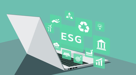 ESG environment social governance investment business strategy on laptop computer concept with icons of green energy, renewable, reduce pollution and carbon emission, vector flat illustration