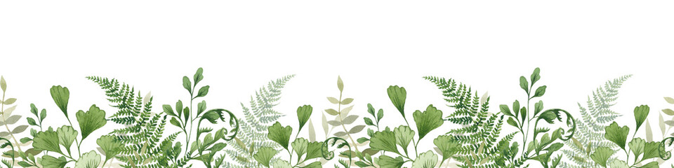 Watercolor seamless border with forest greenery. Fern, greenery leaves and twigs. Hand drawn illustration isolated on white background.