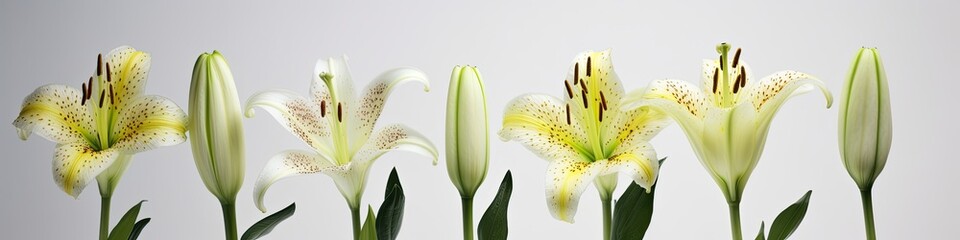 Beautiful white lily flowers isolated on white background, generative ai close-up narrow banner - obrazy, fototapety, plakaty
