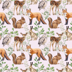 Watercolor seamless pattern with forest animals and plants. Fox, hare, squirrel, deer, owl and greens. Print for children's room, wallpaper, textile, wrapping paper