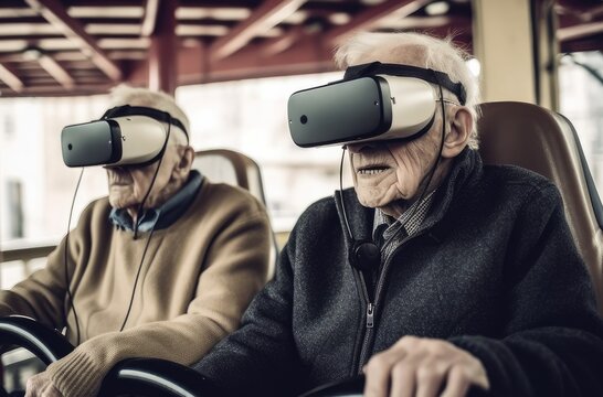Modern Aging, elderly men using VR glasses, Generative AI