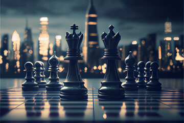 chess board with pawns and king game for strategy and business vision . AI - obrazy, fototapety, plakaty
