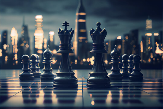 chess board with pawns and king game for strategy and business vision . AI