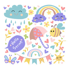 Spring collection stickers with animals. Cartoon animals characters set. Cute chick with clorful house, flover. Flat vector cartoon design.