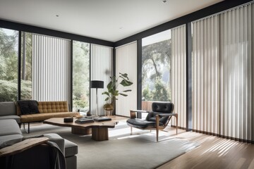 a sitting room with automated blinds, vertical shades, and roller shades to let in natural light, created with generative ai - 595020090