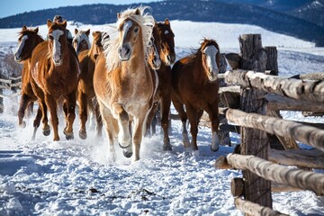 Landscape of a herd of horses in a snowy field in Westcliffe, Colorado