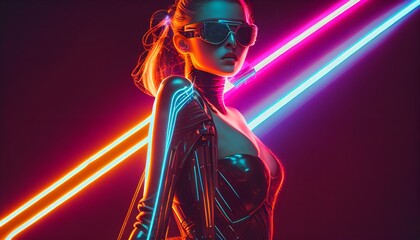 Neon women close portrait in a black suit with sunglasses - Neonlights