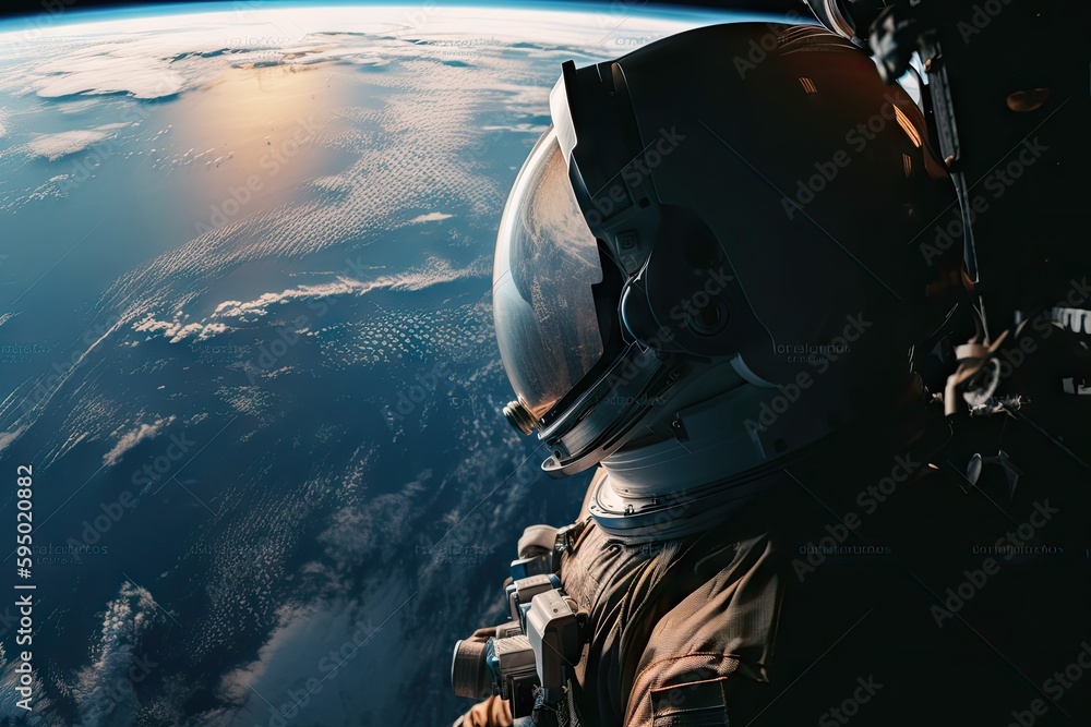 Poster astronaut gazing at the breathtaking view of the earth from space, created with generative ai