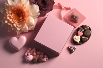 Happy Mother's Day mockup with gift box, flowers, card, and heart-shaped chocolate on pink background, Generative AI