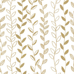 Hand drawn golden line art seamless pattern botanical vertical hanging tree branches, plants with different leaves as floral background.On white backdrop.