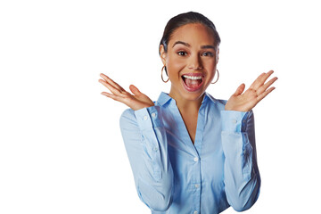 Business, excited woman and face portrait with hands for announcement, promotion or deal. Happy and confident female entrepreneur with wow news or success isolated on a transparent, png background - obrazy, fototapety, plakaty