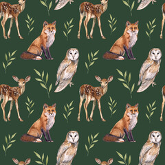 Watercolor seamless pattern with forest wild animals. Fox, deer, owl and greenery.Children's print for fabric, room, ceramics, wallpaper and wrapping paper. © Yana