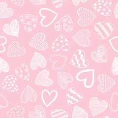 Foto auf Glas Hand drawn line art different shaped white hearts with waves,stripes,lines and dots as simple seamless pattern.Minimalistic Valentine's Day light pink background for cards,invitation,wrapping paper. © Sunny_Smile