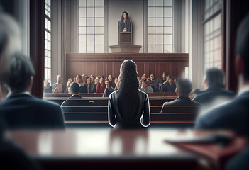 illustration of litigation process in the courtroom person standing with his back and responsible to the public. ai