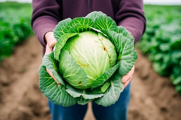 A man holds cabbage against the backdrop of a ripening field. Farmer's hands close up. The concept of planting and harvesting a rich harvest. - obrazy, fototapety, plakaty