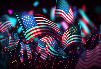 illustration of independence day background with bursting fireworks and america flag. AI