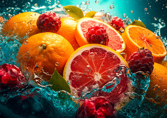 Fresh fruits - oranges and raspberries falling in water and making a splash. Refreshing, vibrant summer concept. Ai generative