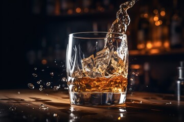 whisky with splashing liquid, detail of pouring. Still life with bar shelf on background - Generative AI