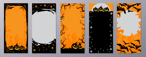 Happy Halloween stories template for phone photo. Business card with halloween story. Social media pack vector. Stories invitation template. Orange black colors. - obrazy, fototapety, plakaty