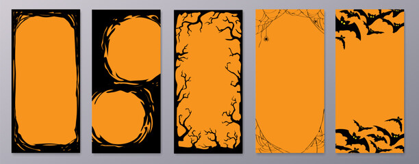 Happy Halloween stories template for phone photo. Business card with halloween story. Social media pack vector. Stories invitation template. Orange black colors.